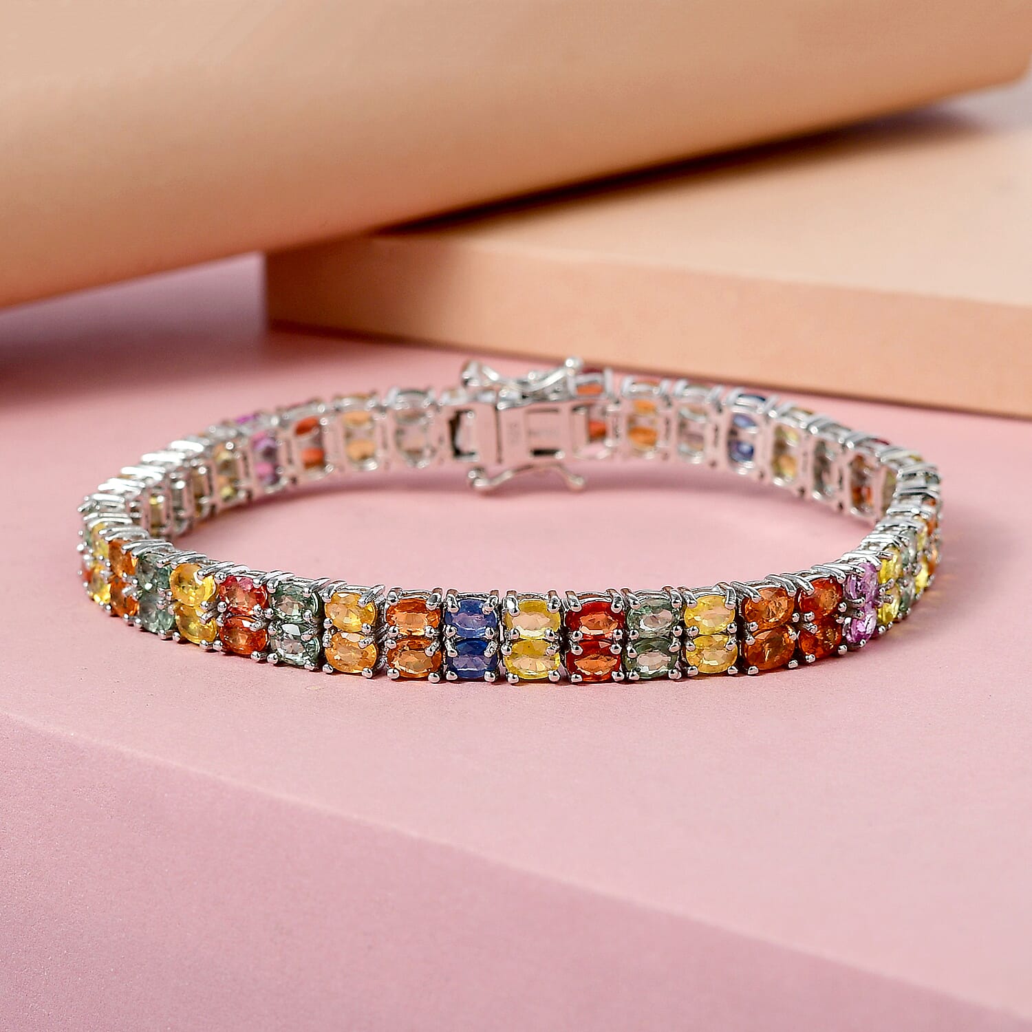 Multi Sapphire Tennis Bracelet (Size - 8) in Platinum Overlay Sterling Silver 20.240 Ct, Silver Wt. 14.64 Gms