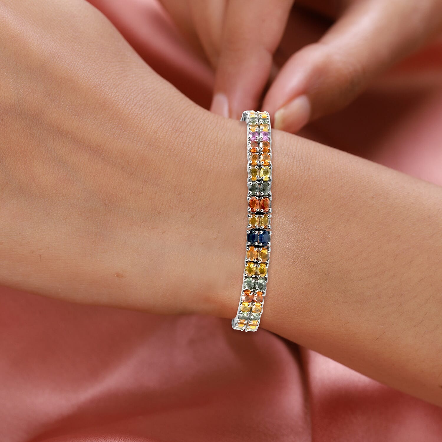 Multi Sapphire Tennis Bracelet (Size - 8) in Platinum Overlay Sterling Silver 20.240 Ct, Silver Wt. 14.64 Gms