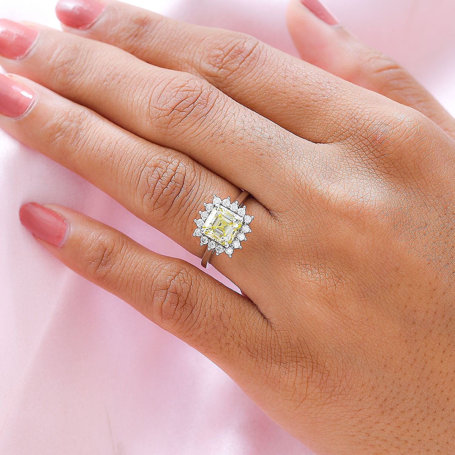 Canary Moissanite (Asscher Cut) and Moissanite Ring in Platinum Overlay Sterling Silver 2.07 Ct