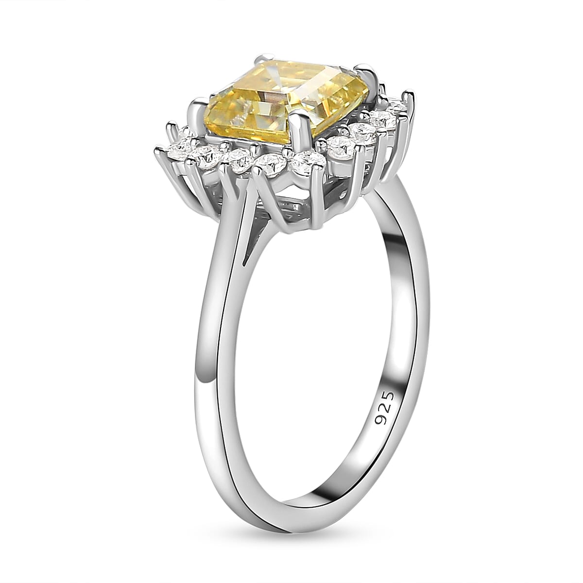 Canary Moissanite (Asscher Cut) and Moissanite Ring in Platinum Overlay Sterling Silver 2.07 Ct