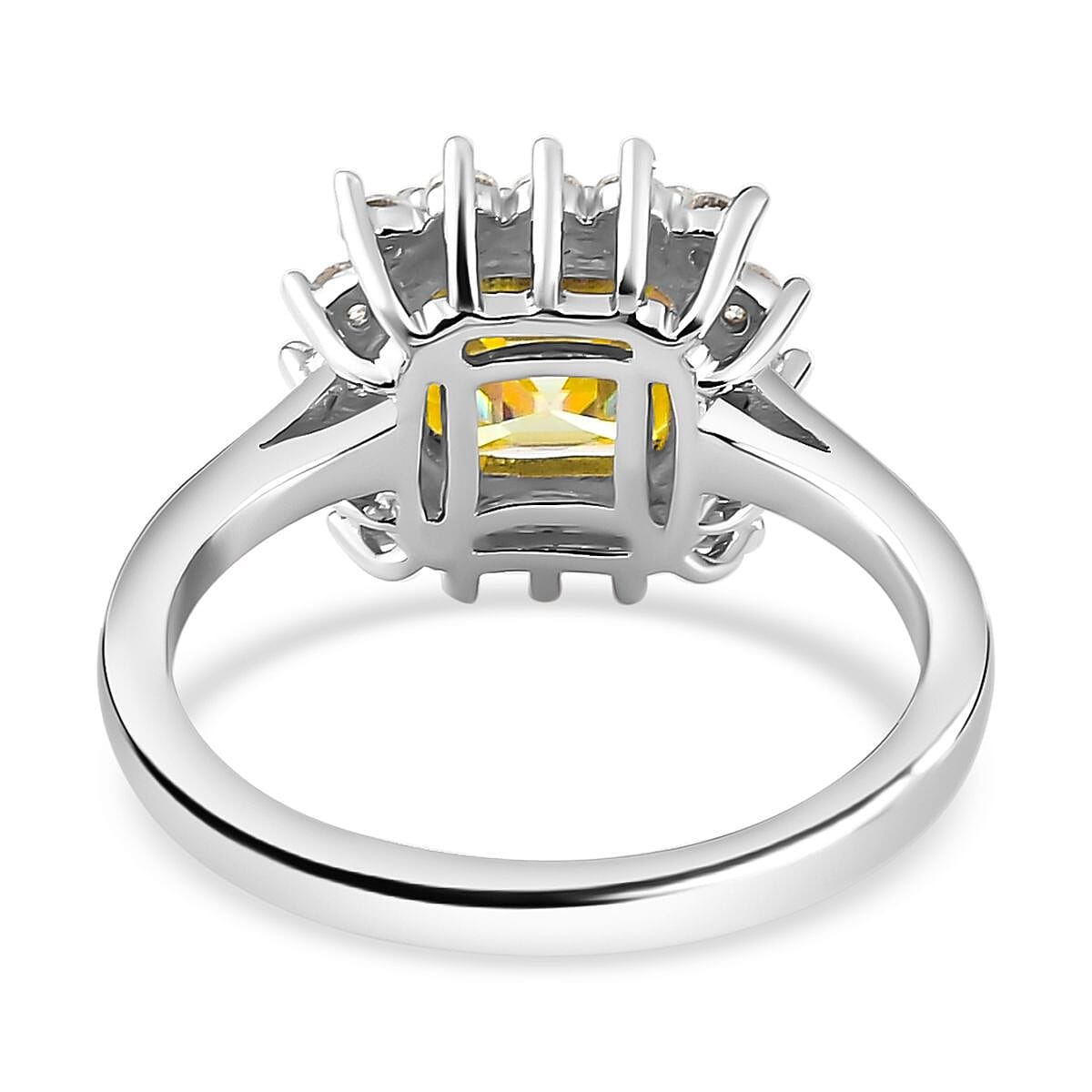 Canary Moissanite (Asscher Cut) and Moissanite Ring in Platinum Overlay Sterling Silver 2.07 Ct