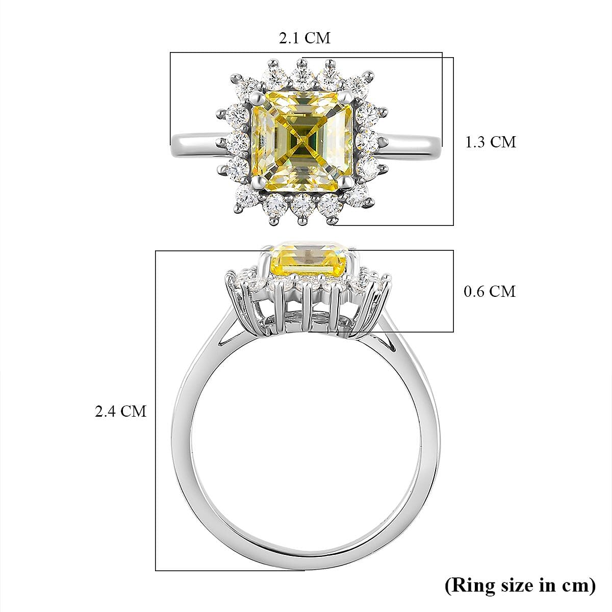 Canary Moissanite (Asscher Cut) and Moissanite Ring in Platinum Overlay Sterling Silver 2.07 Ct