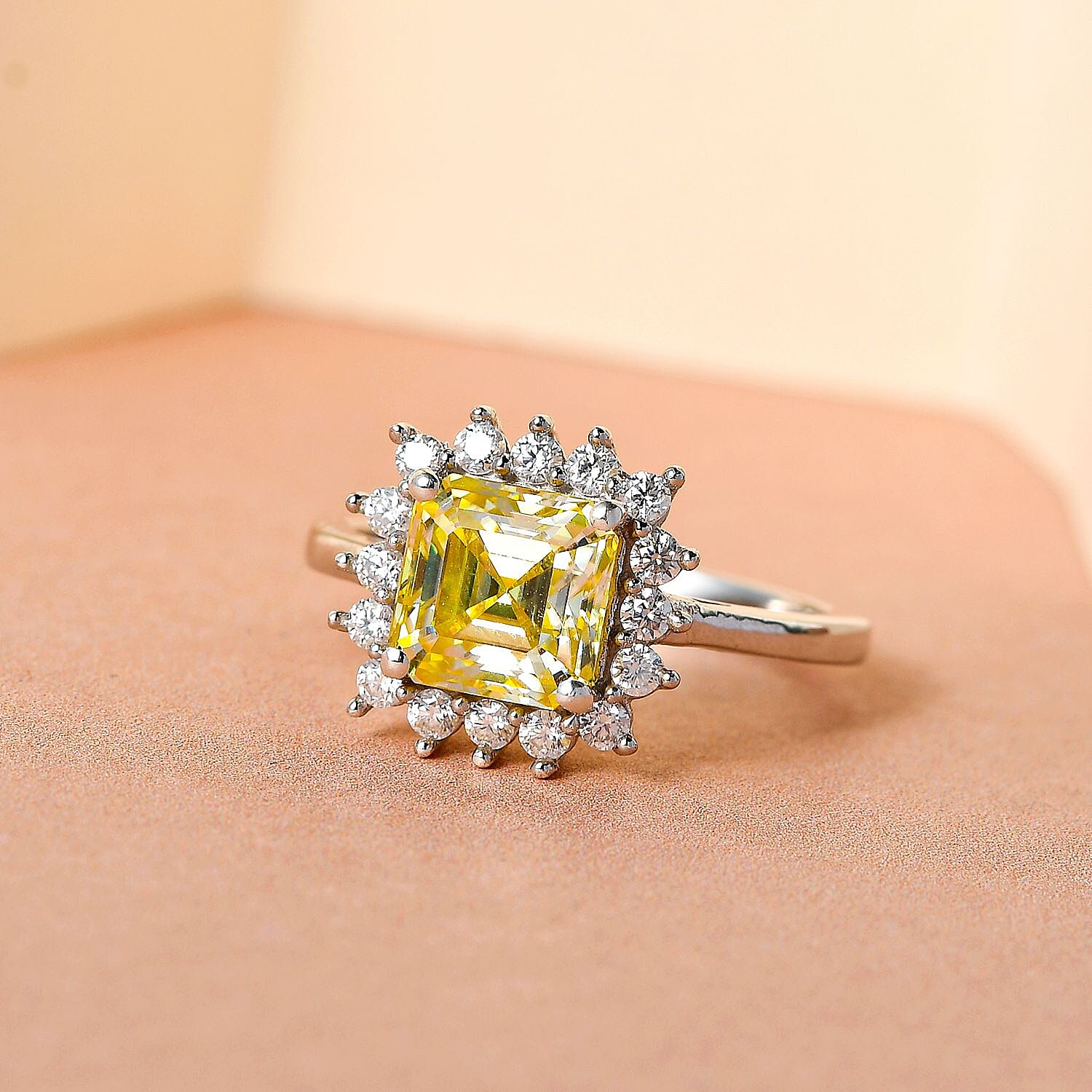 Canary Moissanite (Asscher Cut) and Moissanite Ring in Platinum Overlay Sterling Silver 2.07 Ct