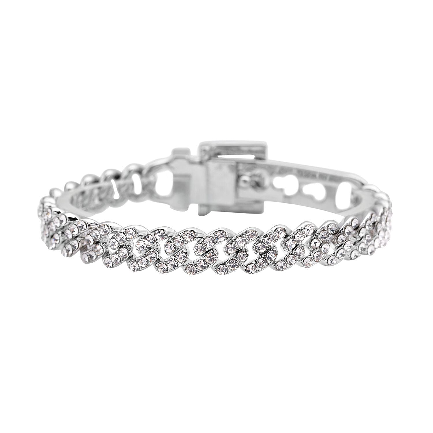 White Austrian Crystal Curb Chain Bracelet (Size - 7) in Silver Tone