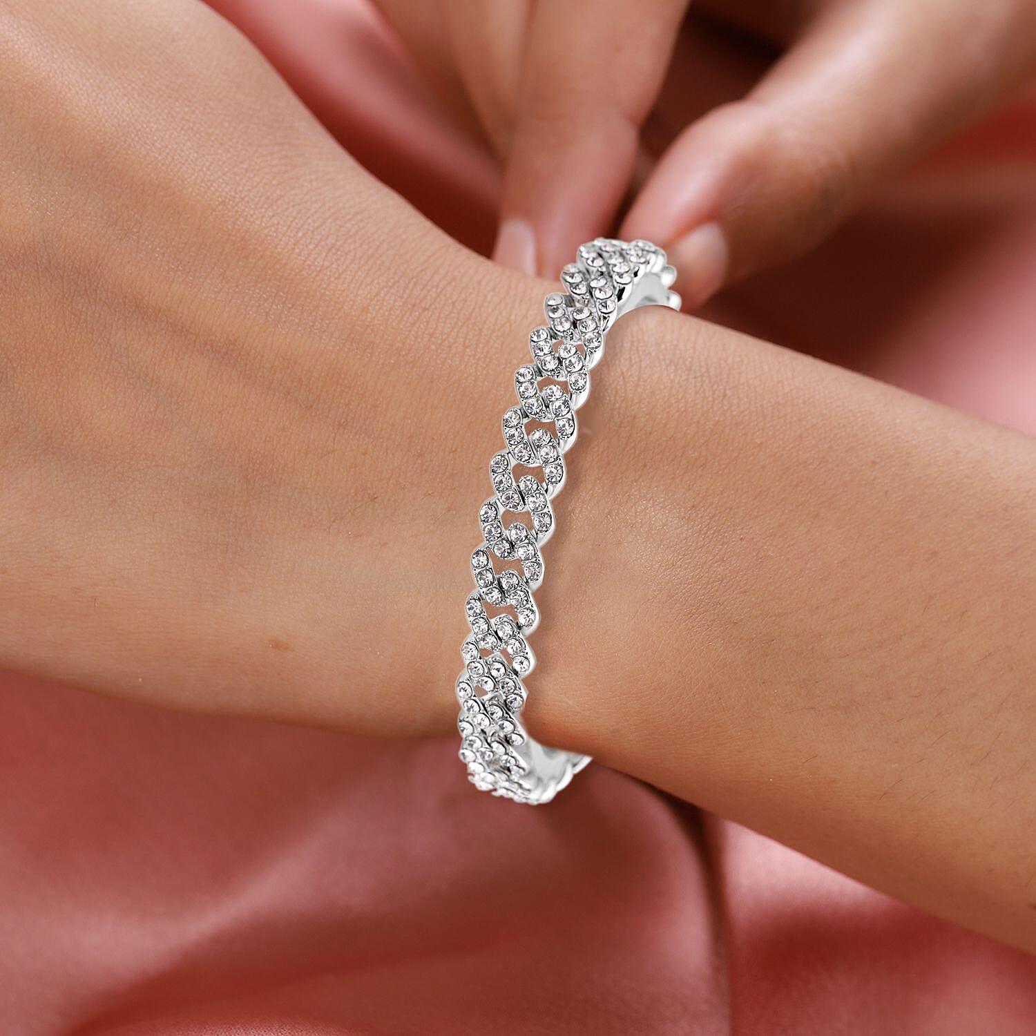 White Austrian Crystal Curb Chain Bracelet (Size - 7) in Silver Tone