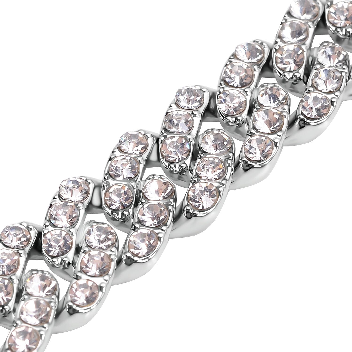 White Austrian Crystal Curb Chain Bracelet (Size - 7) in Silver Tone
