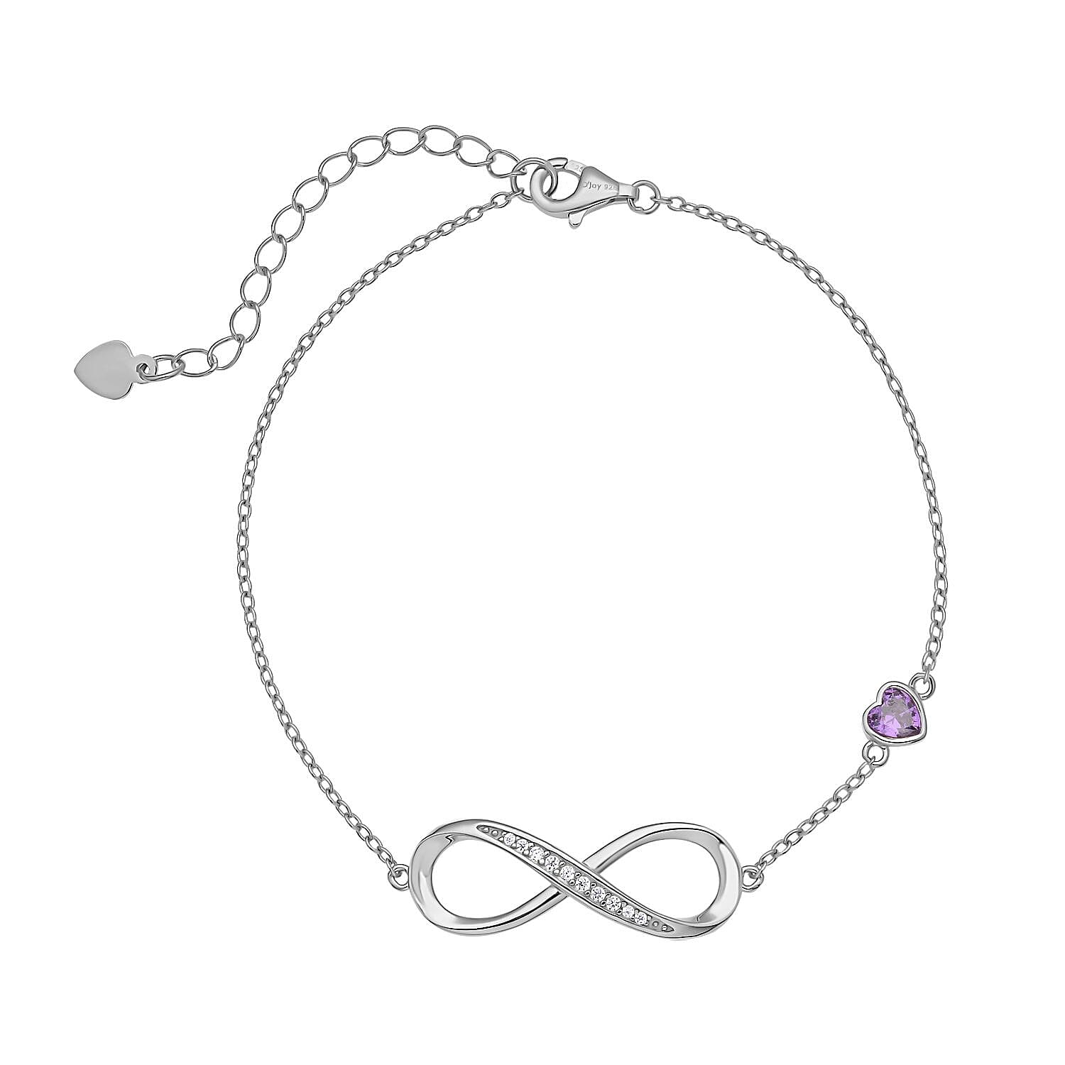 Simulated Purple Sapphire and Simulated Diamond Infinity Bracelet (Size 7.5-1.5 Inch Ext.) in Rhodium Overlay Sterling Silver.