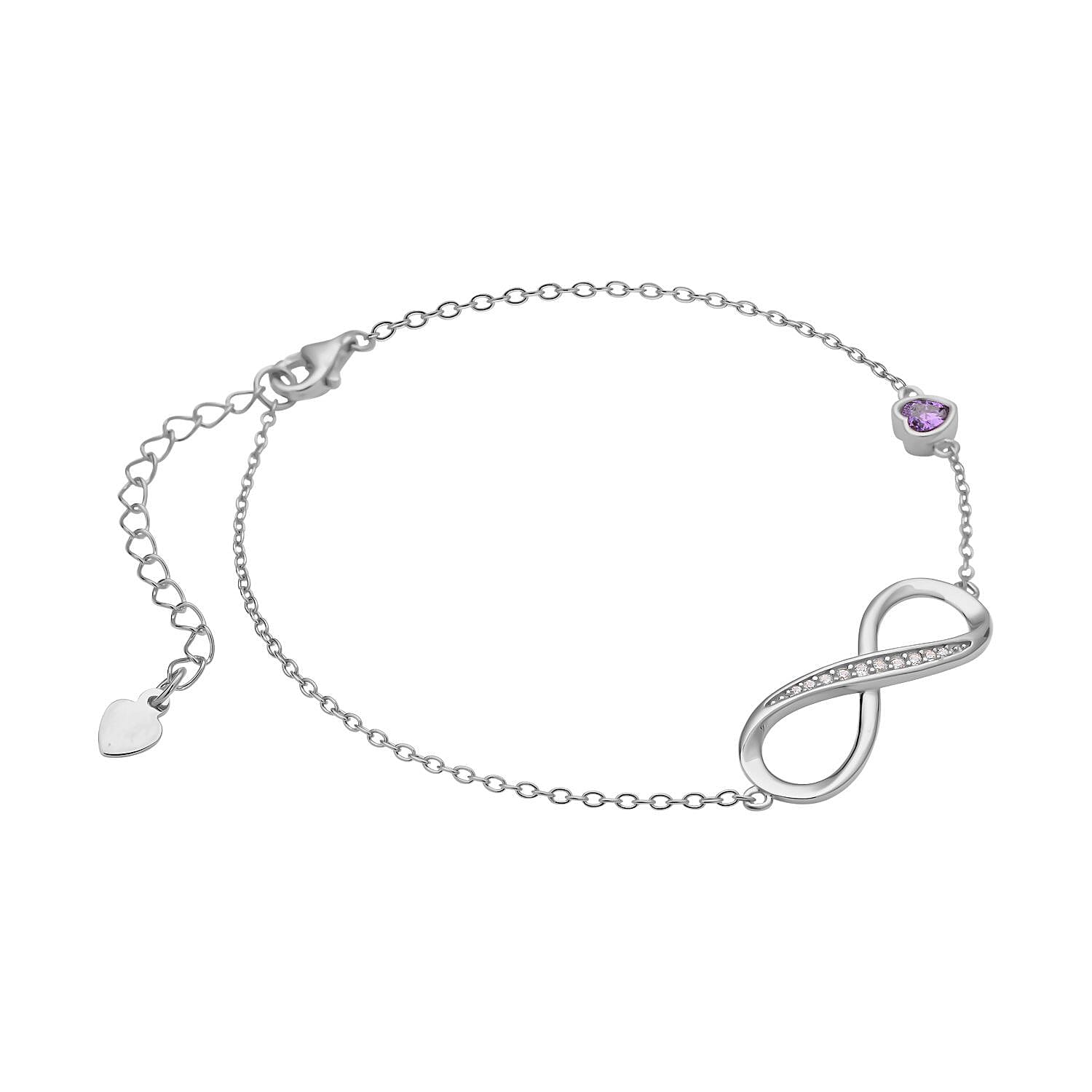 Simulated Purple Sapphire and Simulated Diamond Infinity Bracelet (Size 7.5-1.5 Inch Ext.) in Rhodium Overlay Sterling Silver.