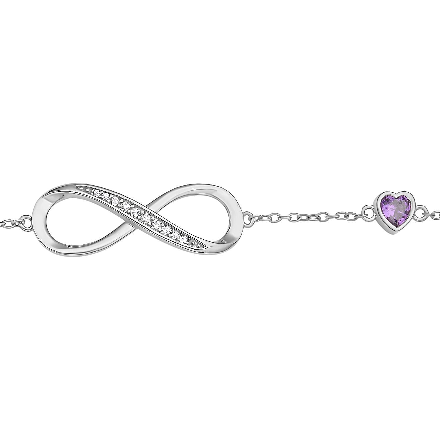 Simulated Purple Sapphire and Simulated Diamond Infinity Bracelet (Size 7.5-1.5 Inch Ext.) in Rhodium Overlay Sterling Silver.