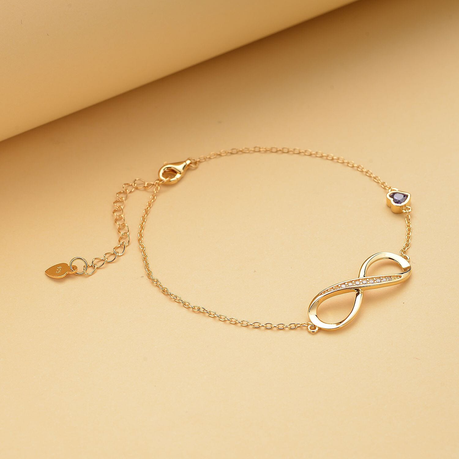 Simulated Purple Sapphire and Simulated Diamond Infinity Bracelet (Size - 7.5-1.5 Inch Ext.) in Yellow Gold Vermeil Plated Sterling Silver.