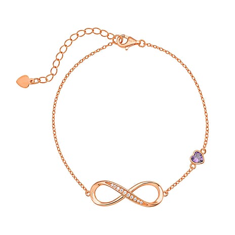 Simulated Purple Sapphire and Simulated Diamond Infinity Bracelet (Size - 7.5 With 1.5 Inch Ext.) in Vermeil Rose Gold Plated Sterling Silver.