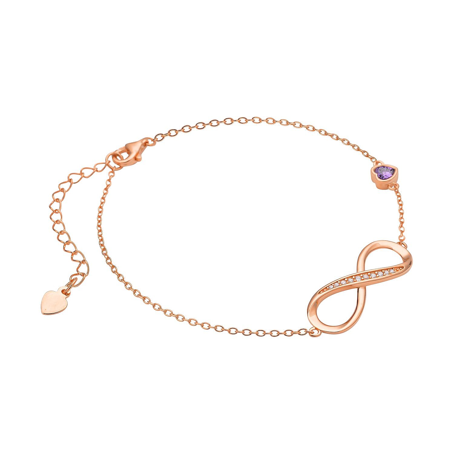 Simulated Purple Sapphire and Simulated Diamond Infinity Bracelet (Size - 7.5 With 1.5 Inch Ext.) in Vermeil Rose Gold Plated Sterling Silver.