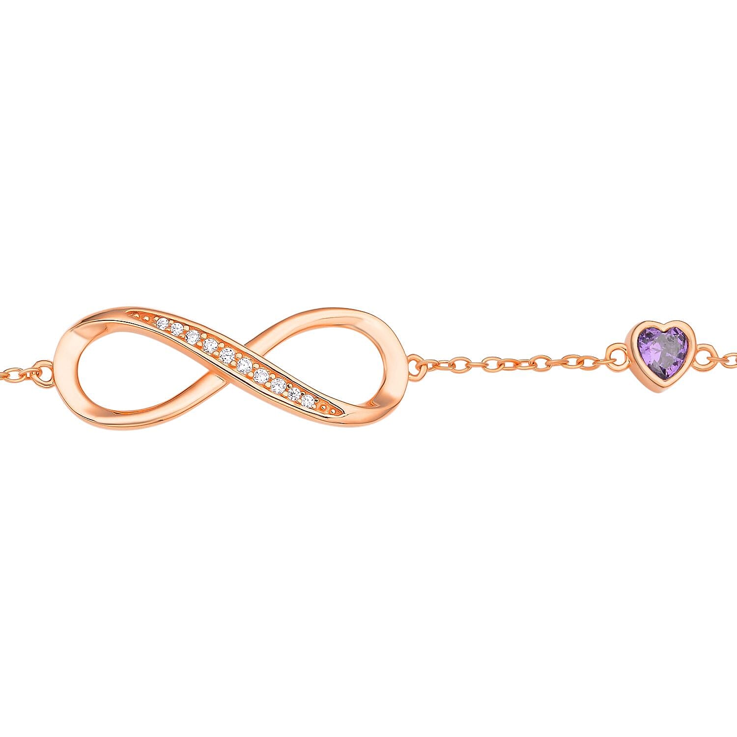 Simulated Purple Sapphire and Simulated Diamond Infinity Bracelet (Size - 7.5 With 1.5 Inch Ext.) in Vermeil Rose Gold Plated Sterling Silver.