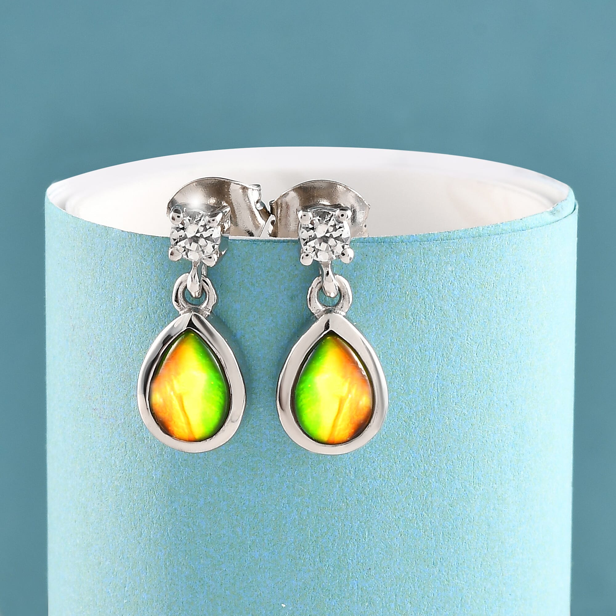 Ammolite & Natural Zircon Earrings in Platinum Overlay Sterling Silver 1.42 Ct.