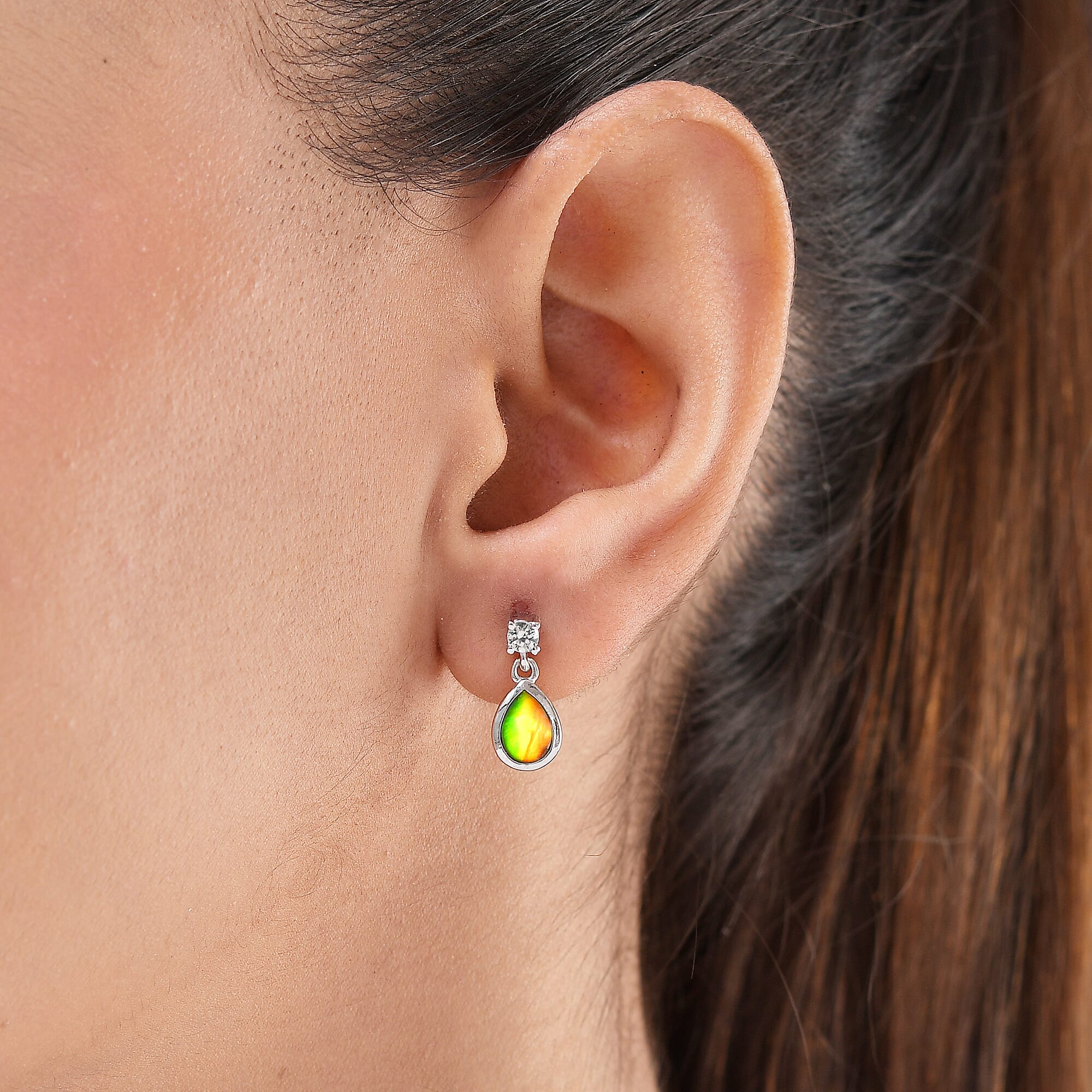 Ammolite & Natural Zircon Earrings in Platinum Overlay Sterling Silver 1.42 Ct.
