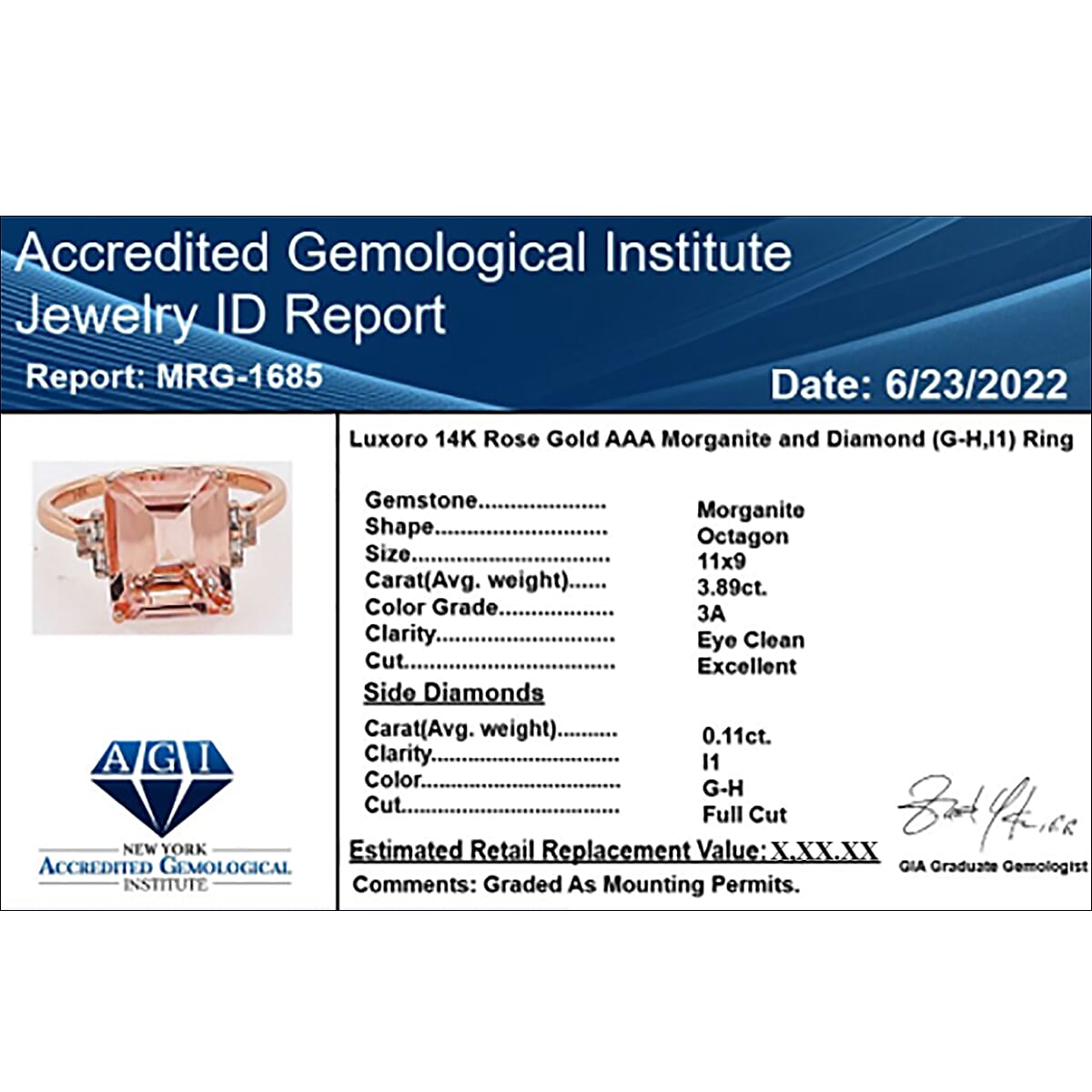 14K Rose Gold  AAA   Morganite ,  White Diamond  I1 Ring 4.00 ct,  Gold Wt. 2.43 Gms  4.000  Ct.