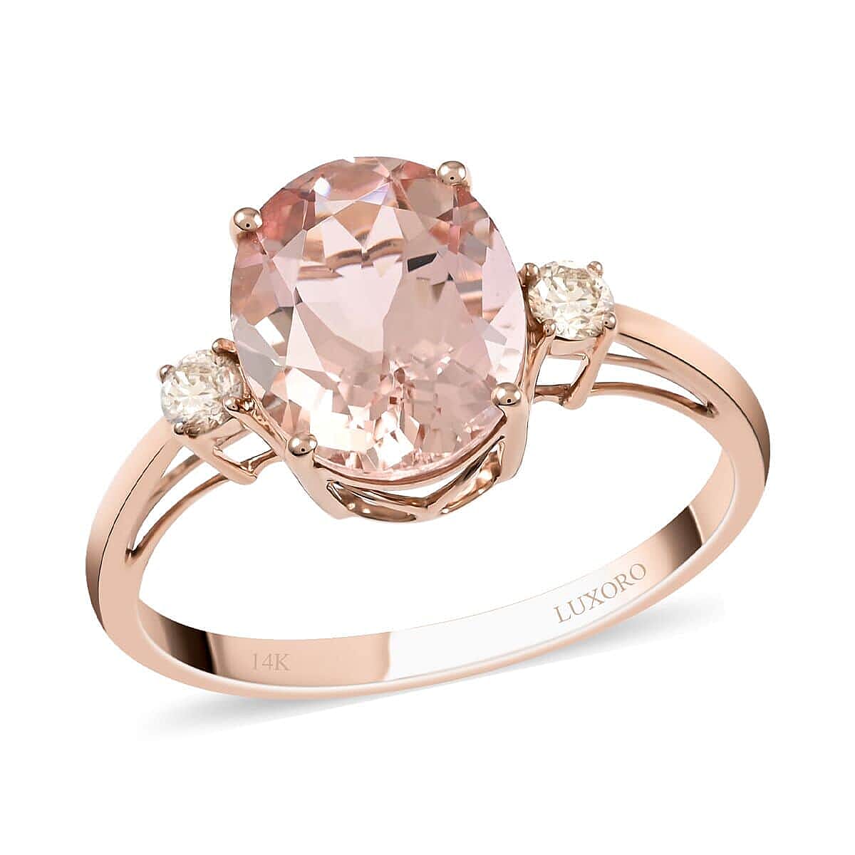 14K Rose Gold  AAA   Morganite ,  White Diamond  I1 Ring 3.55 ct,  Gold Wt. 2.24 Gms  3.550  Ct.