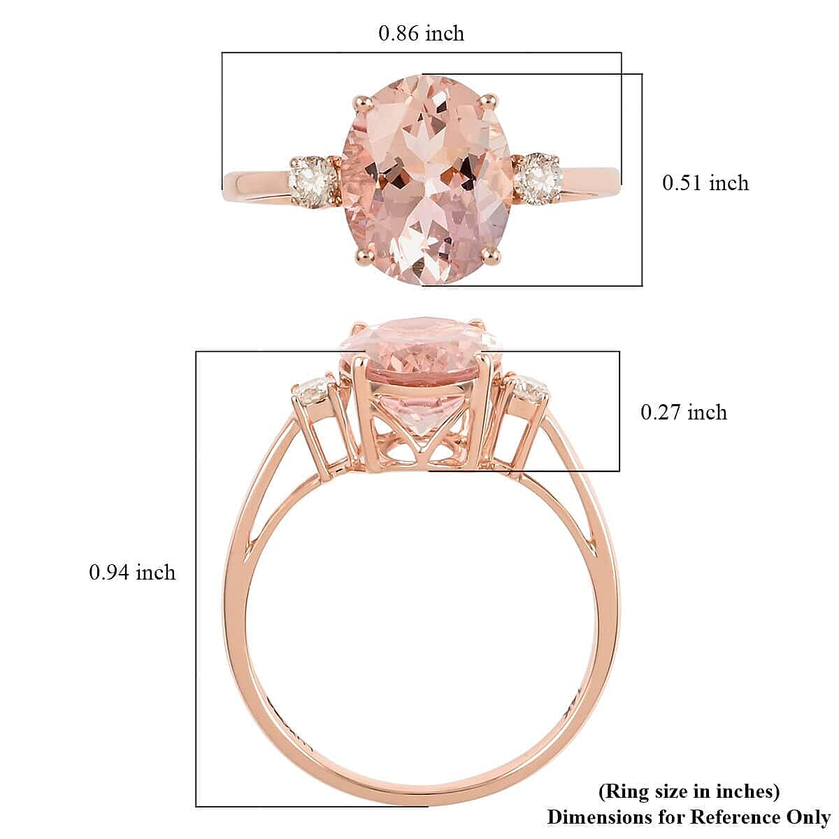 14K Rose Gold  AAA   Morganite ,  White Diamond  I1 Ring 3.55 ct,  Gold Wt. 2.24 Gms  3.550  Ct.