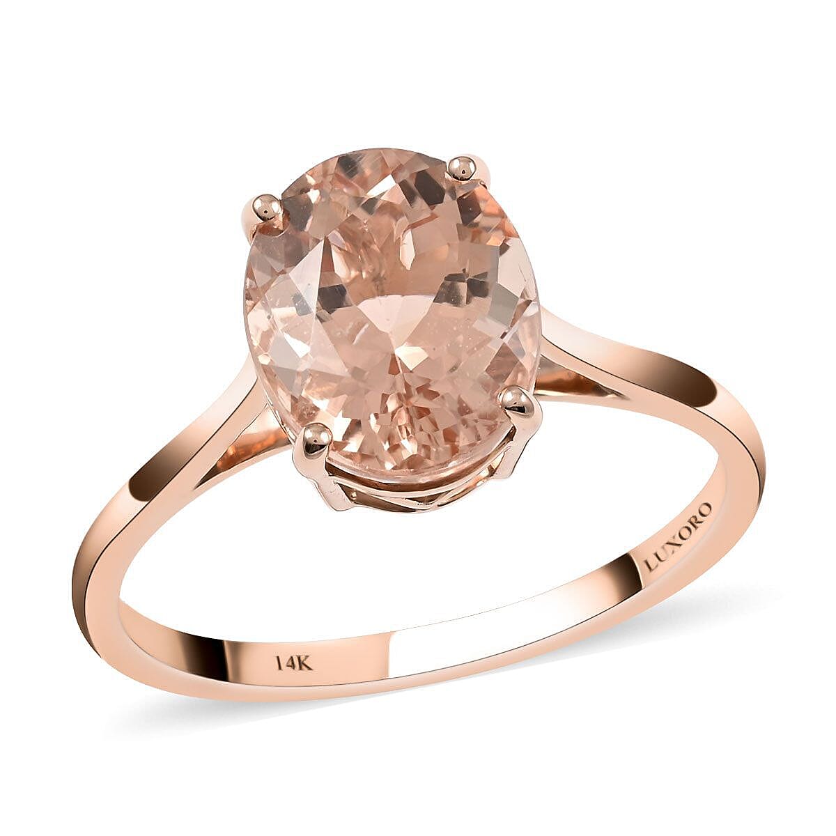 LUXORO - Certified and Appraised 14K Rose Gold AAA Solitaire Morganite Ring 3.35 Ct