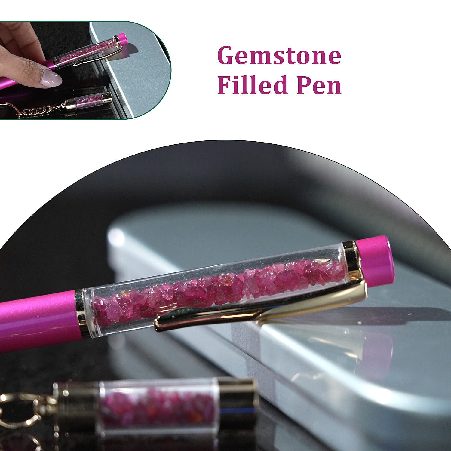 Ruby Filled Pen with Keychain and Extra Refill