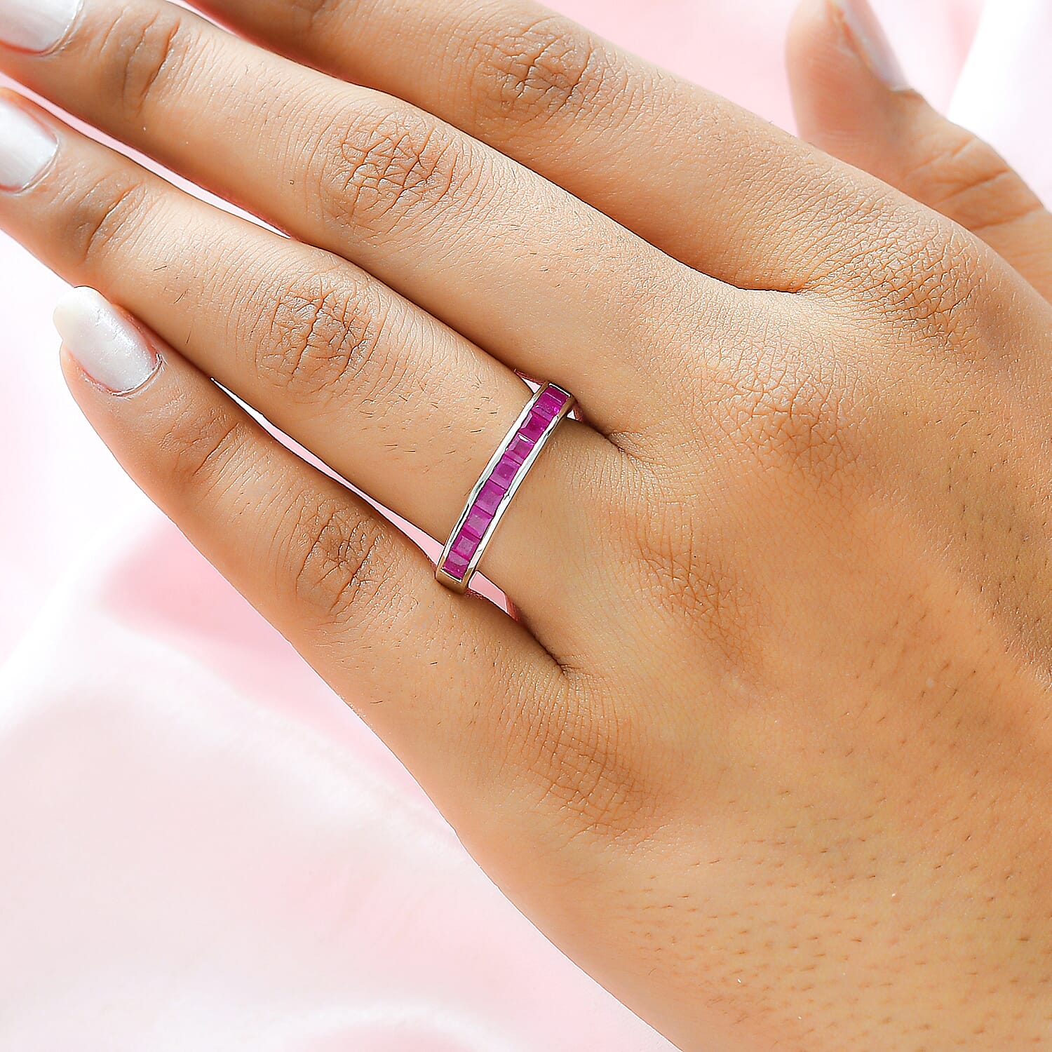 African Ruby Half- Eternity Band Ring in Platinum Overlay Sterling Silver 1.377 Ct.
