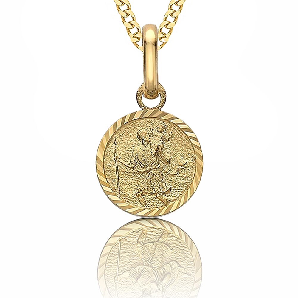 9K Yellow Gold 8 mm x 15.5mm Saint Christopher Round Diamond Cut And Satin Pendant