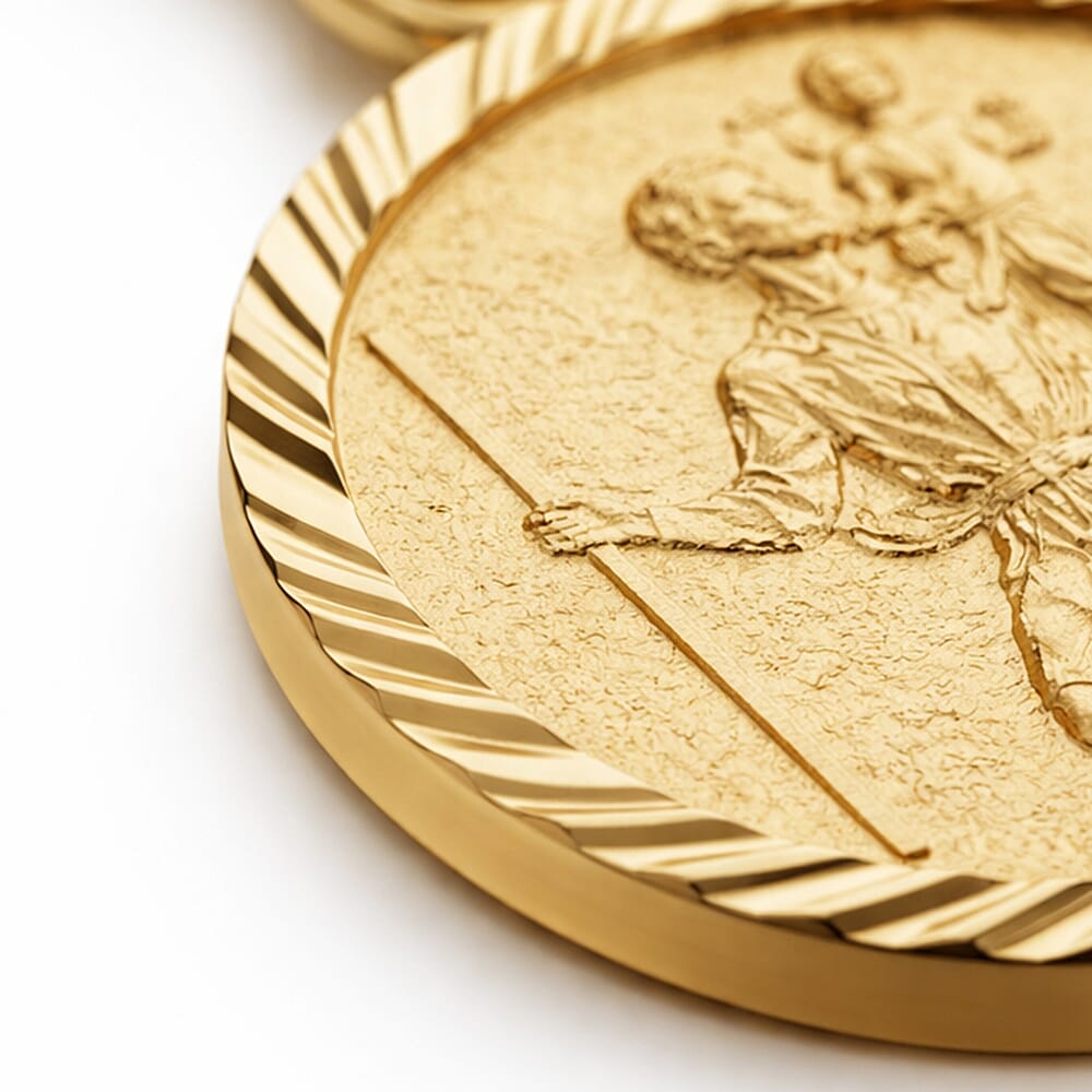 9K Yellow Gold 8 mm x 15.5mm Saint Christopher Round Diamond Cut And Satin Pendant