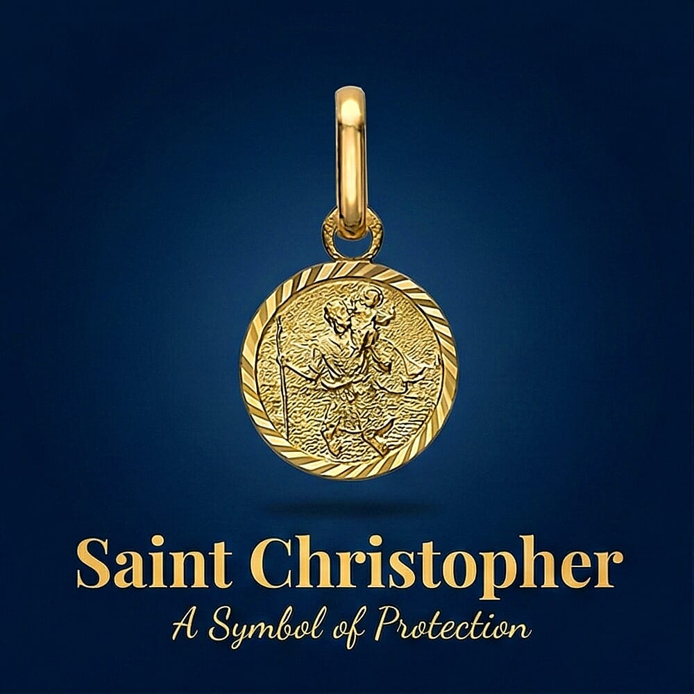 9K Yellow Gold 8 mm x 15.5mm Saint Christopher Round Diamond Cut And Satin Pendant