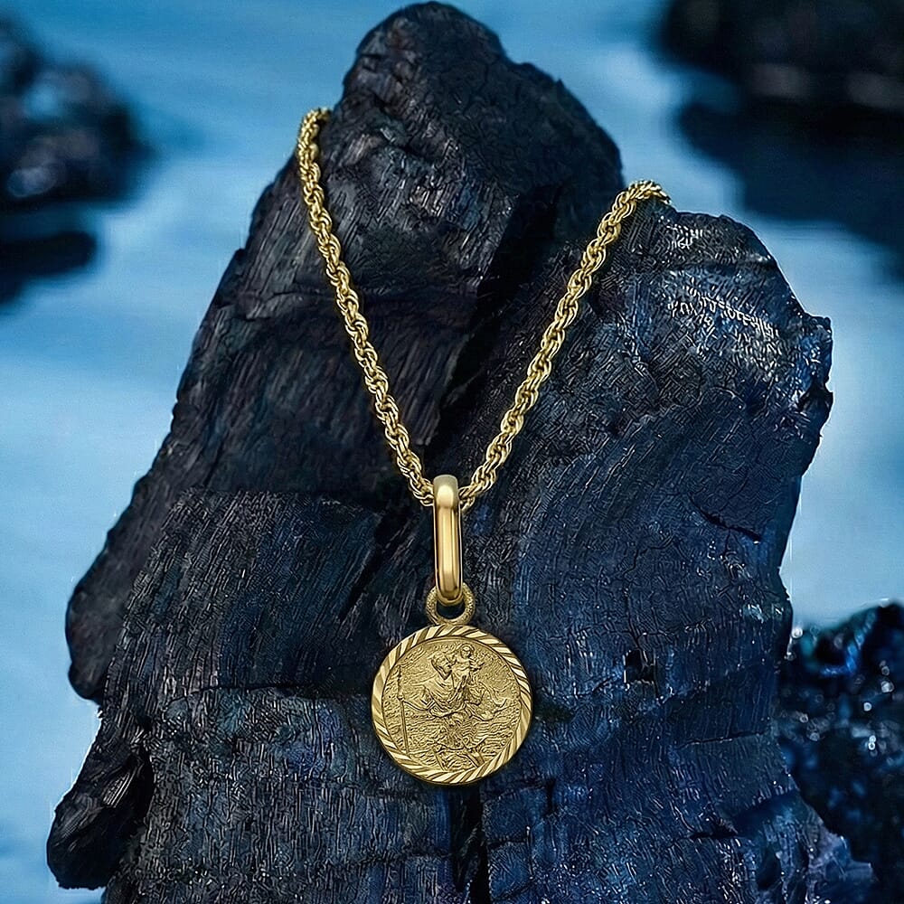 9K Yellow Gold 8 mm x 15.5mm Saint Christopher Round Diamond Cut And Satin Pendant