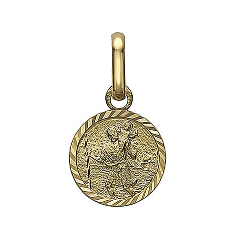 9K Yellow Gold 8 mm x 15.5mm Saint Christopher Round Diamond Cut And Satin Pendant
