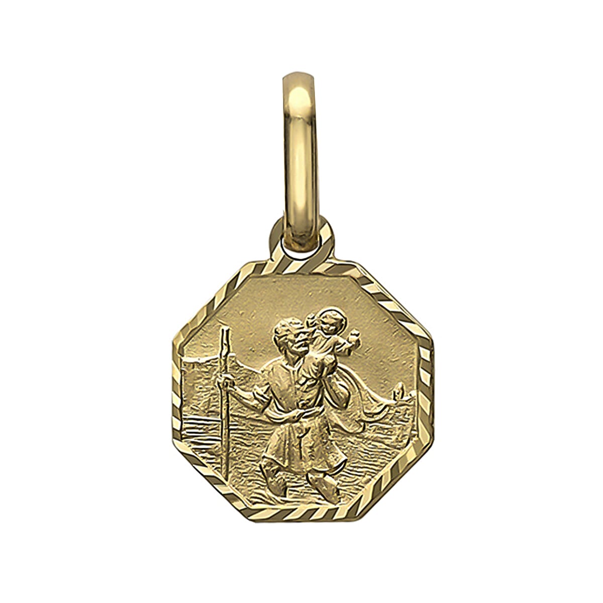 9K Yellow Gold 8 mm x 14mm Saint Christopher Octagonal Diamond Cut And Satin Pendant