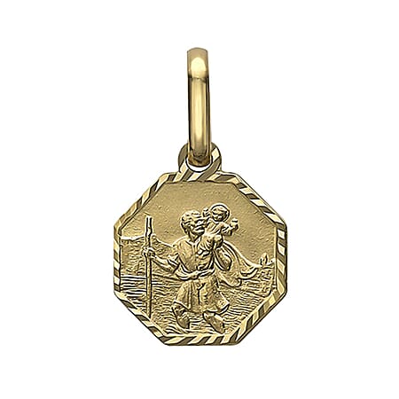 9K Yellow Gold 8 mm x 14mm Saint Christopher Octagonal Diamond Cut And Satin Pendant