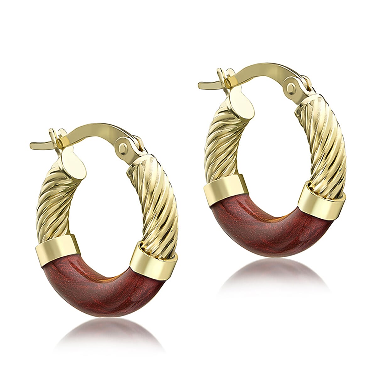 9K Yellow Gold 16.5mm Red Enamel Twist Tube Hoop Creole Earrings