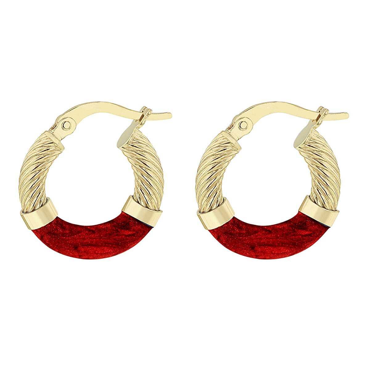 9K Yellow Gold 16.5mm Red Enamel Twist Tube Hoop Creole Earrings