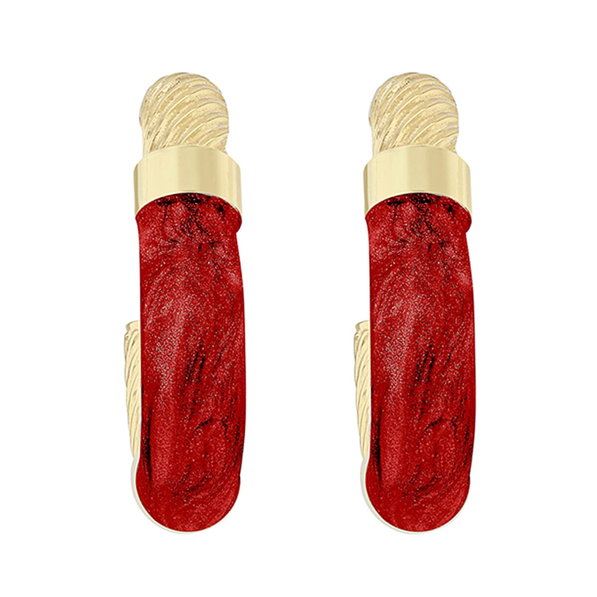 9K Yellow Gold 16.5mm Red Enamel Twist Tube Hoop Creole Earrings