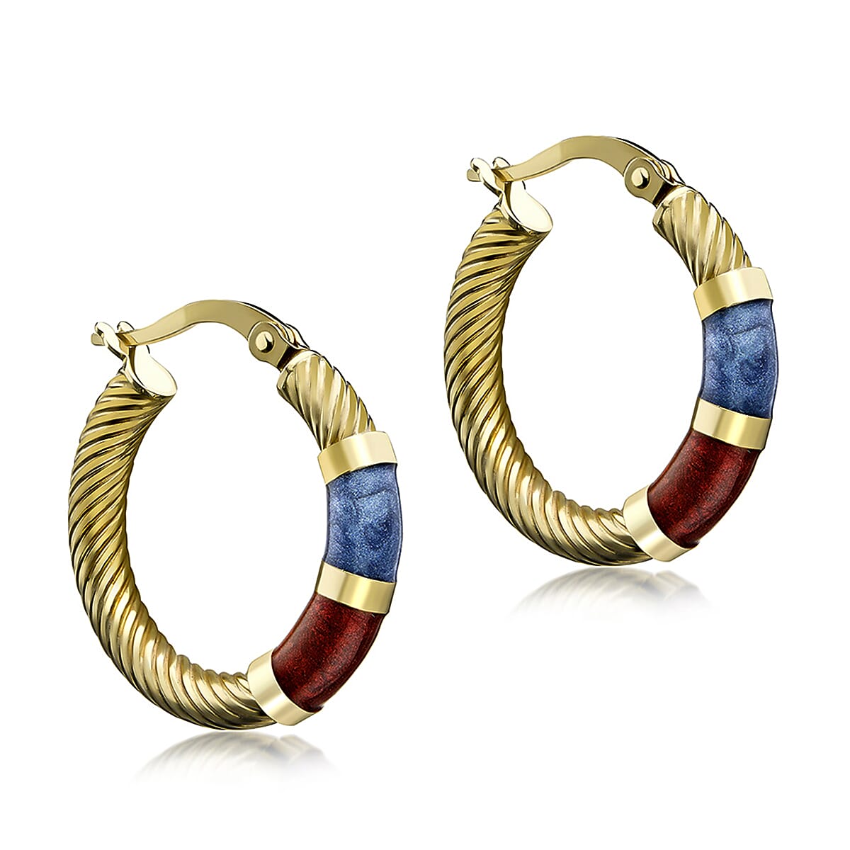 9K Yellow Gold 21.5mm Blue And Red Enamel Twist Tube Hoop Creole Earrings