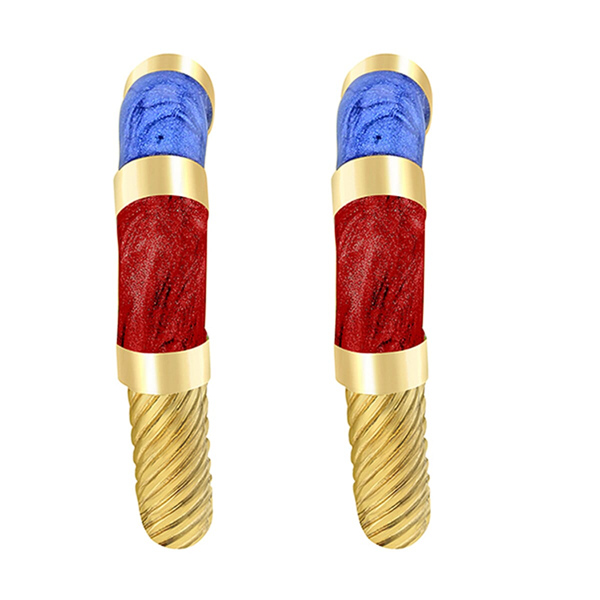 9K Yellow Gold 21.5mm Blue And Red Enamel Twist Tube Hoop Creole Earrings