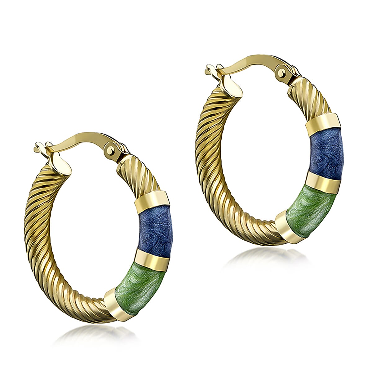 9K Yellow Gold 21.5mm Blue And Green Enamel Twist Tube Hoop Creole Earrings