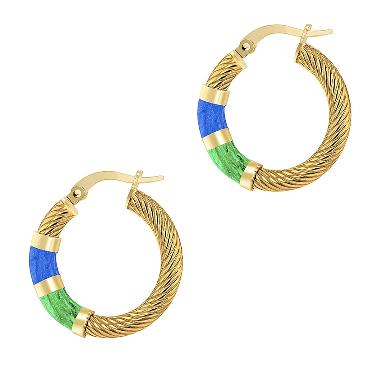 9K Yellow Gold 21.5mm Blue And Green Enamel Twist Tube Hoop Creole Earrings