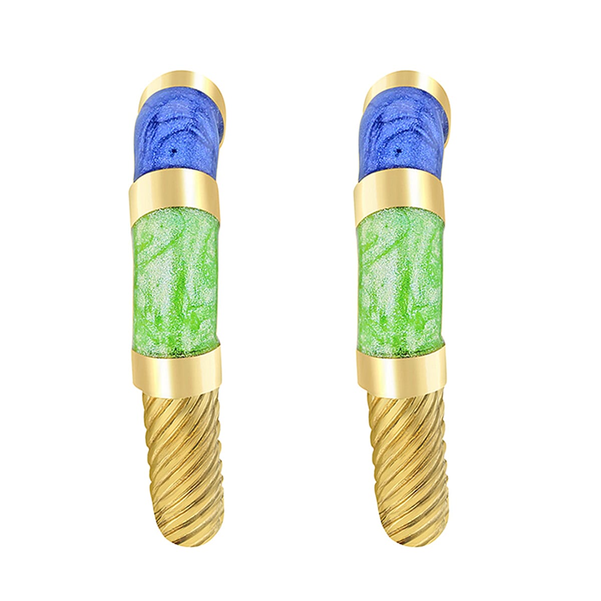 9K Yellow Gold 21.5mm Blue And Green Enamel Twist Tube Hoop Creole Earrings
