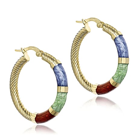 9K Yellow Gold 26.5mm Blue, Green And Red Enamel Twist Tube Hoop Creole Earrings