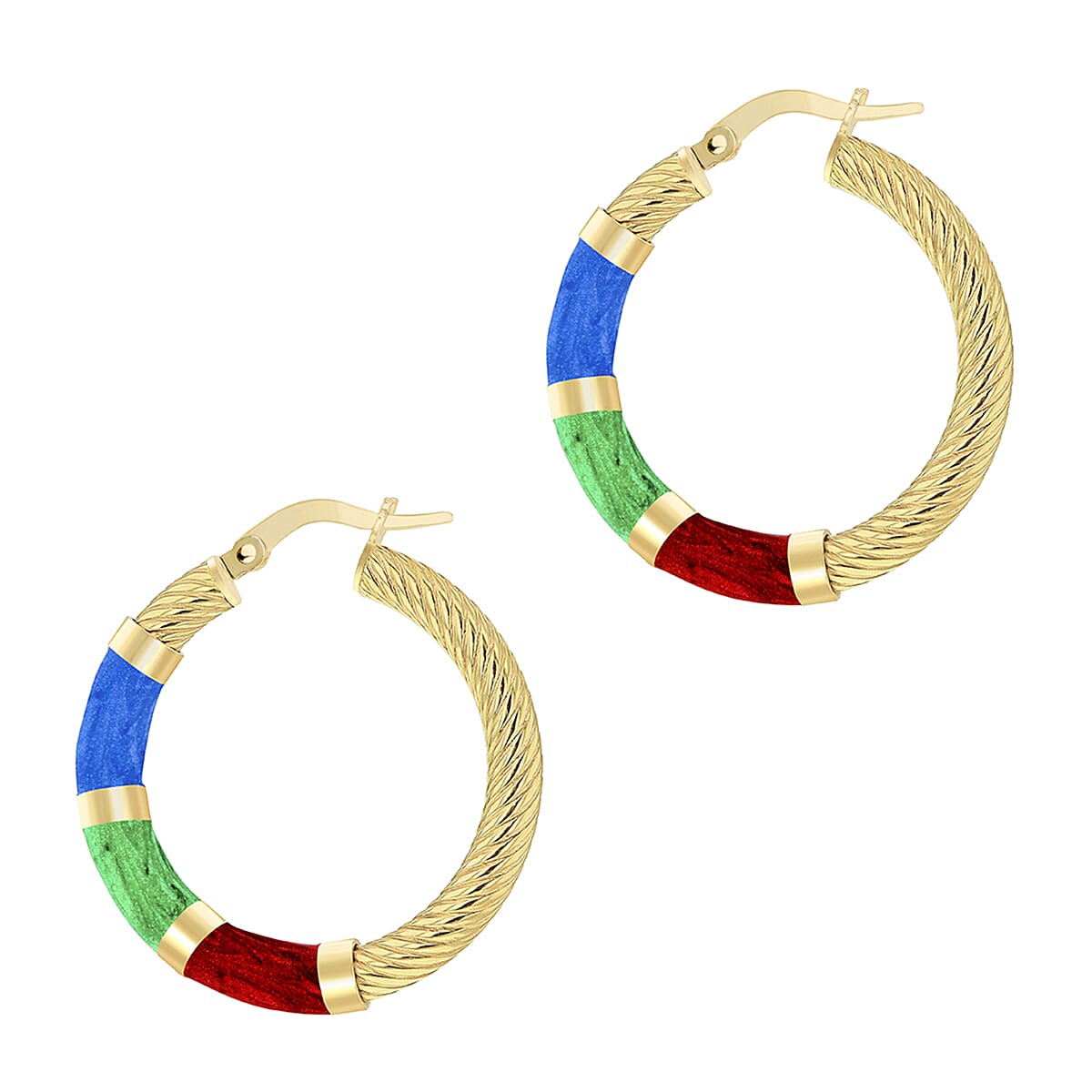 9K Yellow Gold 26.5mm Blue, Green And Red Enamel Twist Tube Hoop Creole Earrings