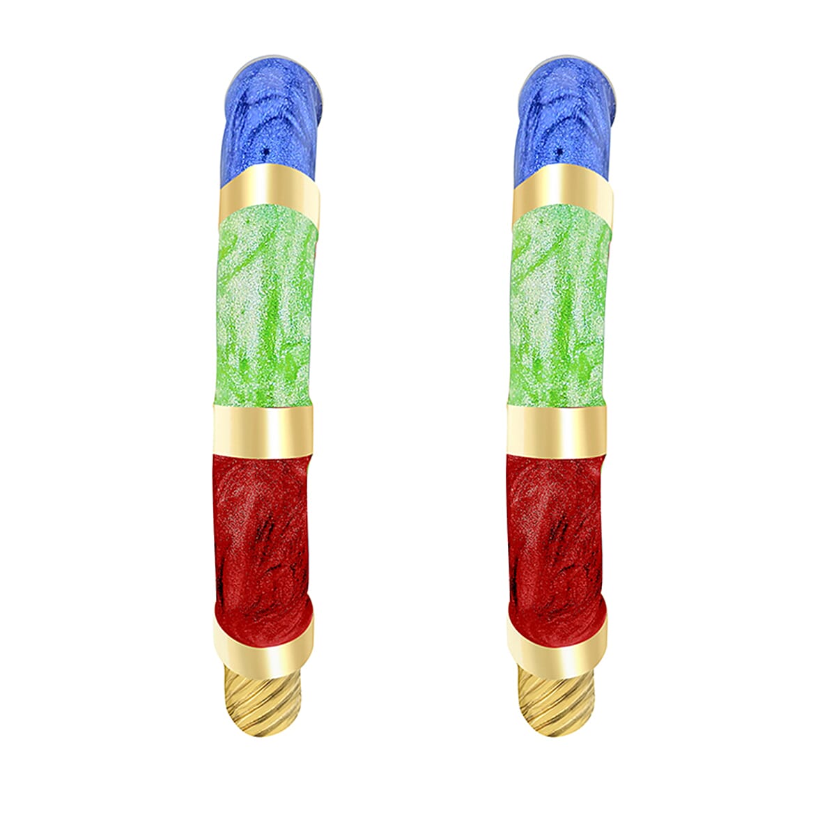 9K Yellow Gold 26.5mm Blue, Green And Red Enamel Twist Tube Hoop Creole Earrings