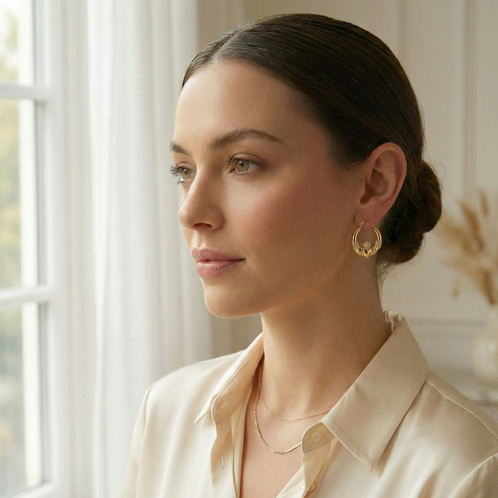 9K Yellow Gold 20 mm x 24mm Claddagh Creole Earrings