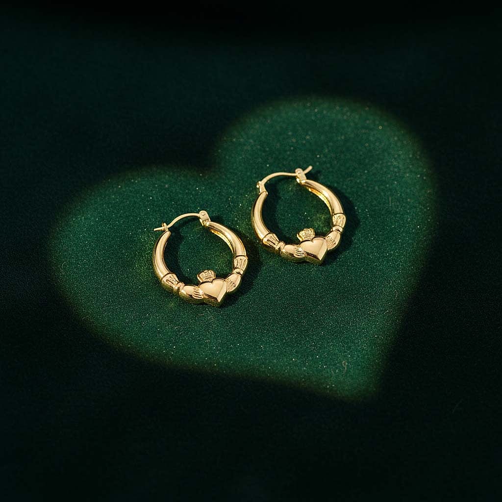 9K Yellow Gold 20 mm x 24mm Claddagh Creole Earrings