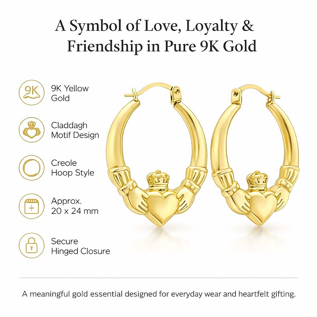 9K Yellow Gold 20 mm x 24mm Claddagh Creole Earrings