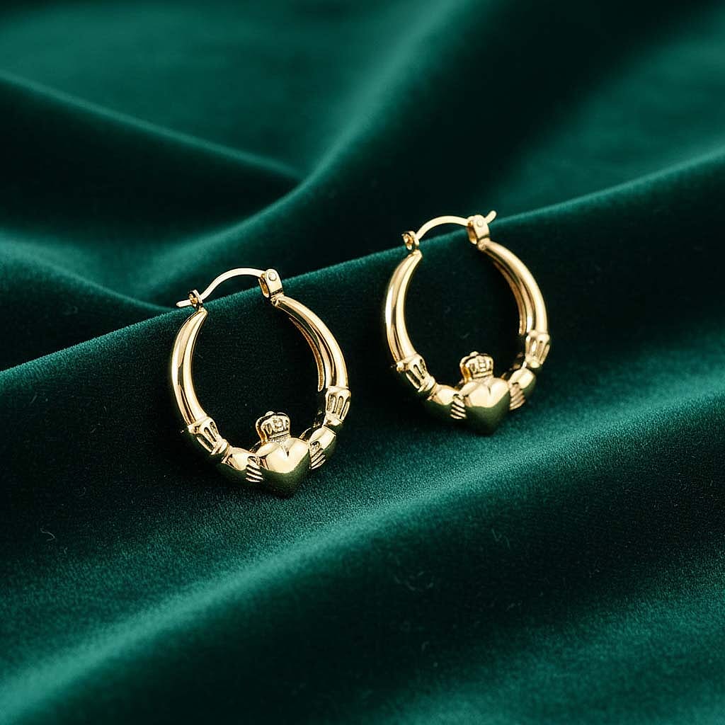 9K Yellow Gold 20 mm x 24mm Claddagh Creole Earrings