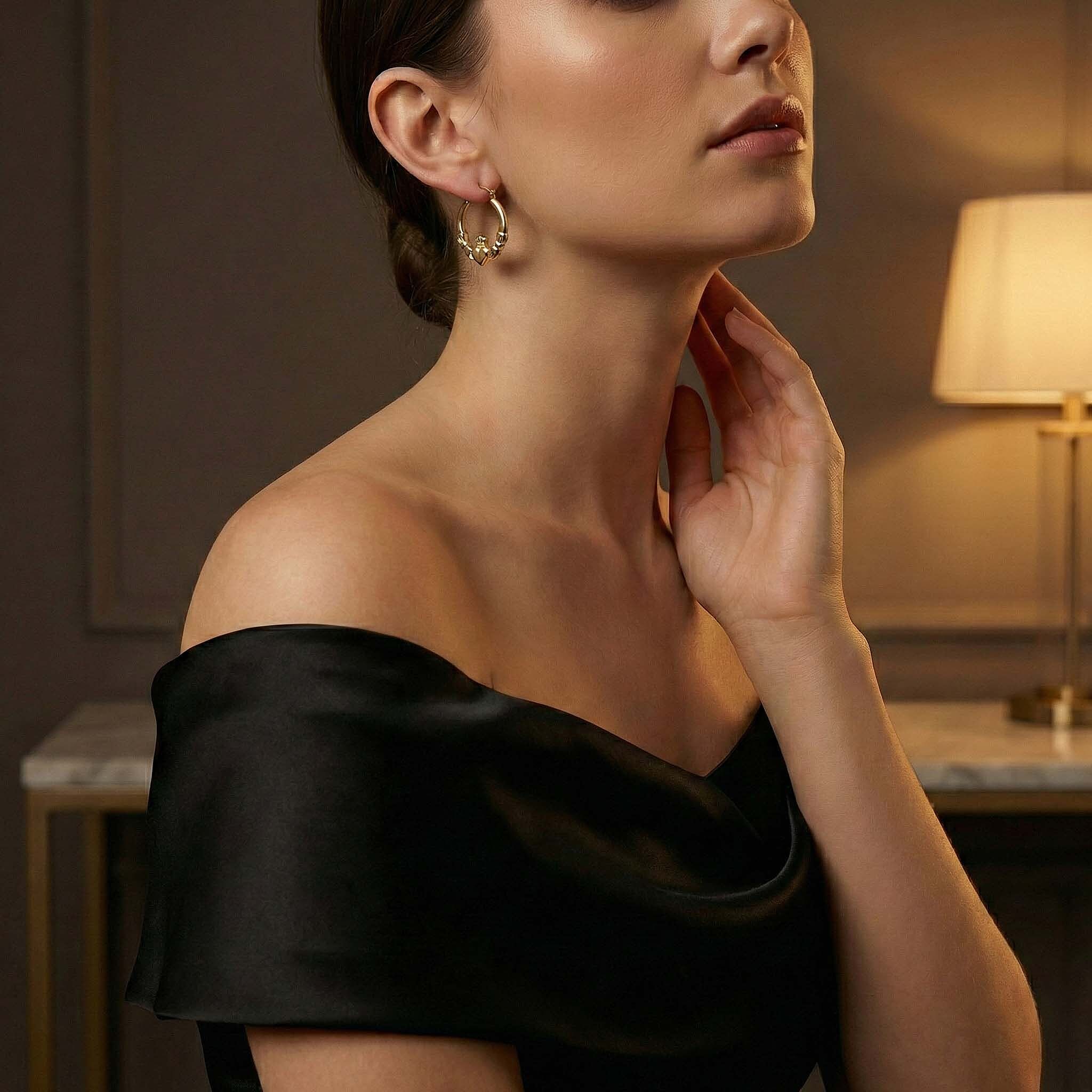 9K Yellow Gold 20 mm x 24mm Claddagh Creole Earrings