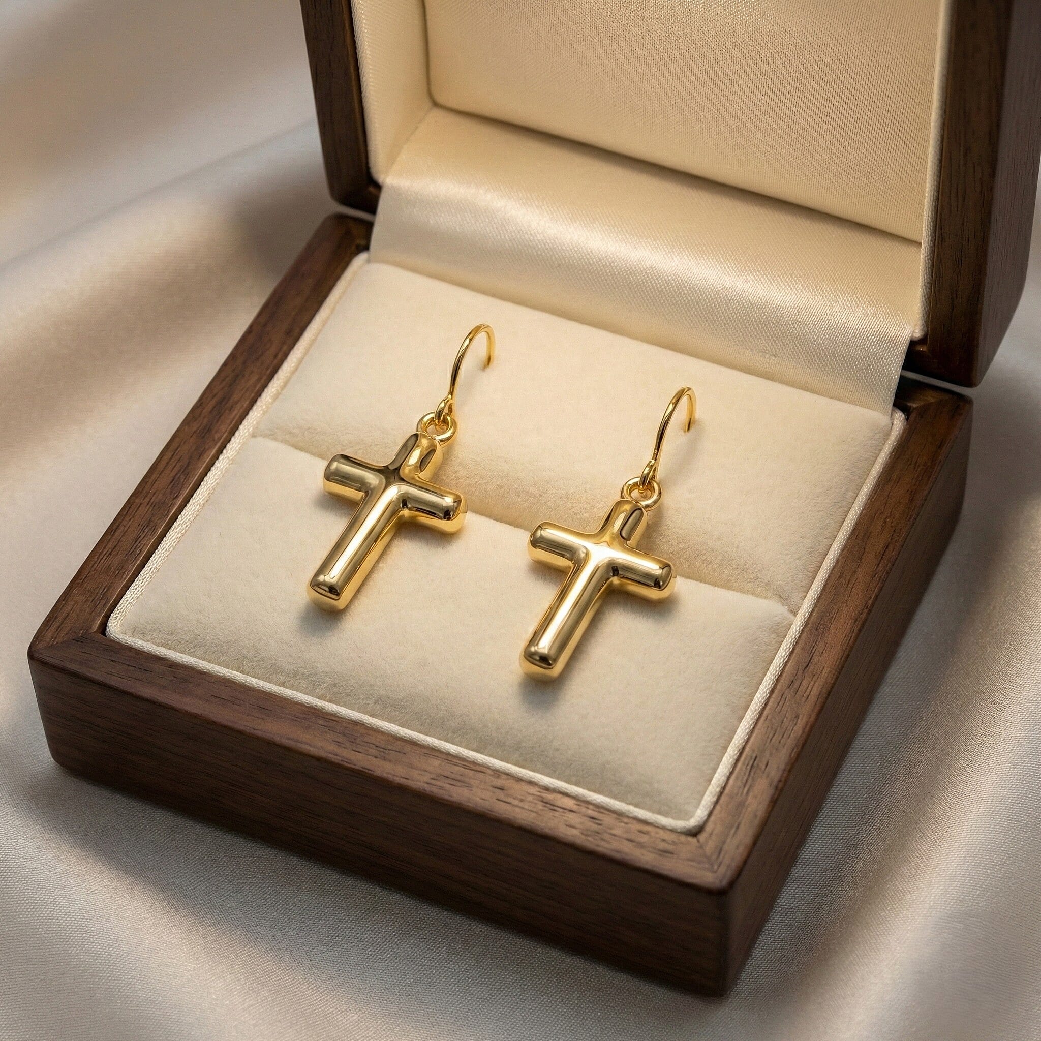 9K Yellow Gold 8 mm x 28mm Cross Drop Earrings