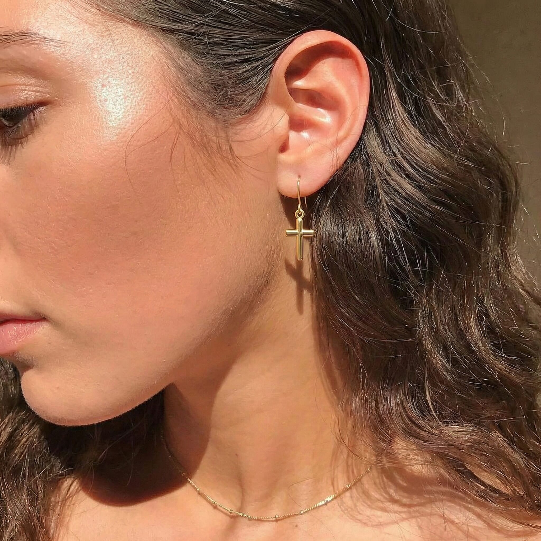 9K Yellow Gold 8 mm x 28mm Cross Drop Earrings